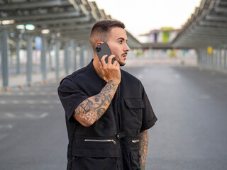 Hombre joven con tatuajes hablando por teléfono por la calle durante la puesta de sol