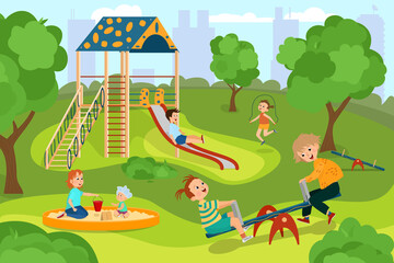 Small children play in the playground in summer. Cheerful boys and girls swing on swings, jump rope, ride a children's slide. Play park, playground in a flat style.