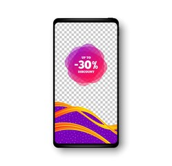 Up to 30% discount off banner. Phone mockup vector banner. Sale sticker shape. Coupon label icon. Social story post template. Sale 30% badge. Cell phone frame. Liquid modern background. Vector