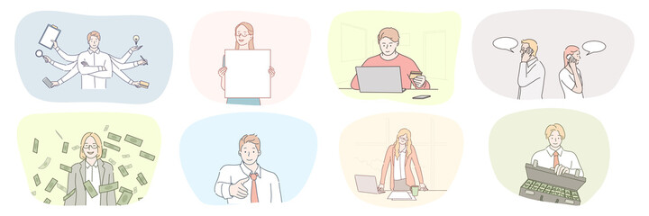 Success, business, meeting, greeting, profit, meditation, epayment, communication set concept. Collection businessmen women clerks managers working in office paying online and making deal illustration
