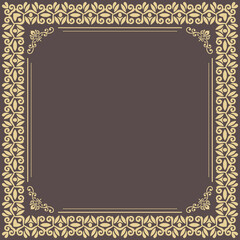 Classic square frame with golden arabesques and orient elements. Abstract ornament with place for text. Vintage pattern