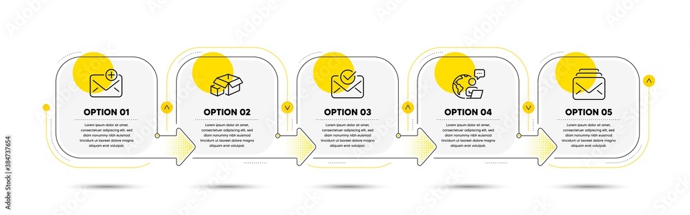 Poster mail, approved mail and packing boxes line icons set. timeline process flowchart. new messages, conf