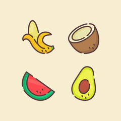 Fruit icon set collection banana coconut water melon avocado white isolated background with color flat outline style