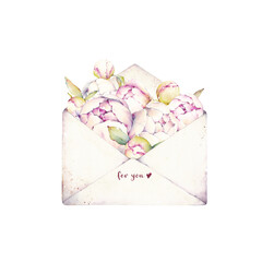Watercolor envelope with peonies flowers and leaves. Can be used for greeting cards and invitations