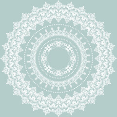Oriental light blue and white round pattern with arabesques and floral elements. Traditional classic ornament. Vintage pattern with arabesques