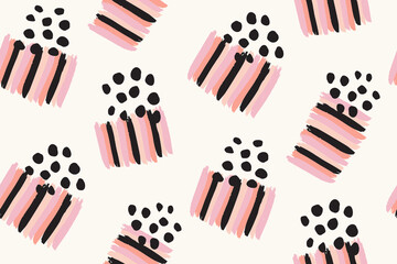 Abstract cake, gift party seamless vector pattern. Painted colorful party cake with stripes and dots in pinks and black on white. Great for home decor, fabric, wallpaper, stationery, design projects.
