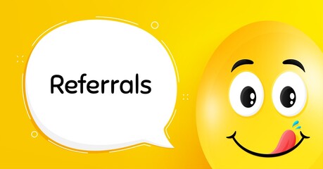 Referrals symbol. Easter egg with yummy smile face. Referral program sign. Advertising reference. Easter smile character. Referrals speech bubble. Yellow yummy egg background. Vector