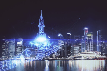 Double exposure of start up theme drawings over cityscape background. Concept of success.