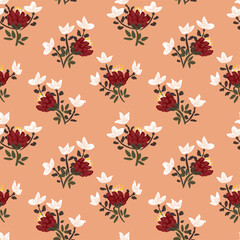 Rich love floral seamless vector pattern. Tiny handful of flowers placed in one direction. Red and white flowers on peach. Great for home décor, fabric, wallpaper, stationery, design projects.