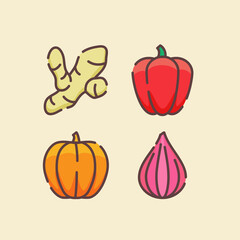 Seasoning icon set collection ginger paprika pumpkin onion white isolated background with color flat outline style