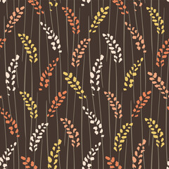 Dark autumn foliage seamless vector pattern. Fall color foliage placed over stripes. Orange, peach, yellow and white on brown. Great for home décor, fabric, wallpaper, stationery, design projects.