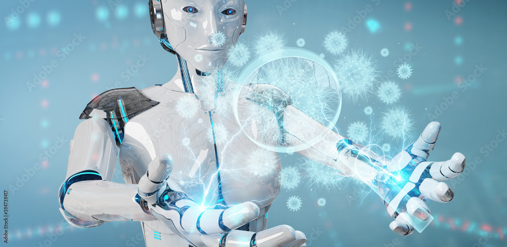 Poster Robot analyzing holographic cell projection through magnifying glass 3D rendering
