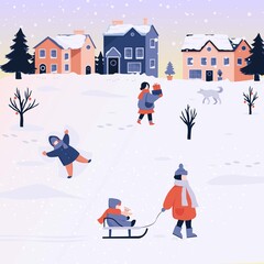Winter Christmas Landscape Vector Background with people, snow.