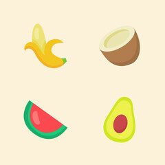 Fototapeta premium Fruit icon set collection banana coconut water melon avocado white isolated background with color flat cartoon style