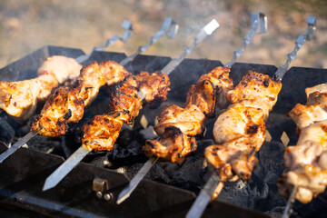 Grilled meat, Golden pork with skewers and wooden handles. A lot of smoke in the process of cooking fragrant meat dishes in nature. Summer kitchen. Raw meat on fire.
