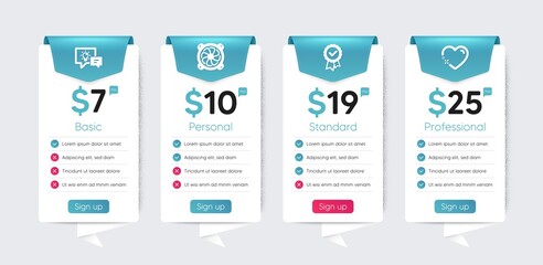 Included icon as Tested stamp, Heart, Computer fan signs. Price table template, business plan chart. Business icons set. Idea lamp flat icons. Approved award, Love, Pc ventilator. Vector