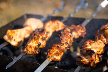 Grilled meat, Golden pork with skewers and wooden handles. A lot of smoke in the process of cooking fragrant meat dishes in nature. Summer kitchen. Raw meat on fire.