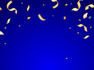 Golden confetti and serpentine on a blue background. Vector stock illustration banner or postcard