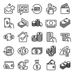 Money line icons. Set of Banking, Wallet and Coins icons. Credit card, Currency exchange and Cashback money service. Euro and Dollar, Cash wallet, exchange. Banking credit card, atm payment. Vector