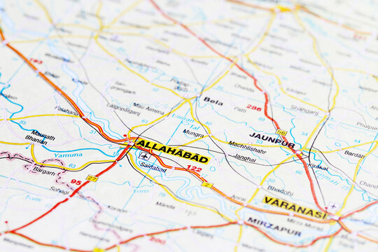 Allahabad Prayagraj city road map area. Closeup macro view