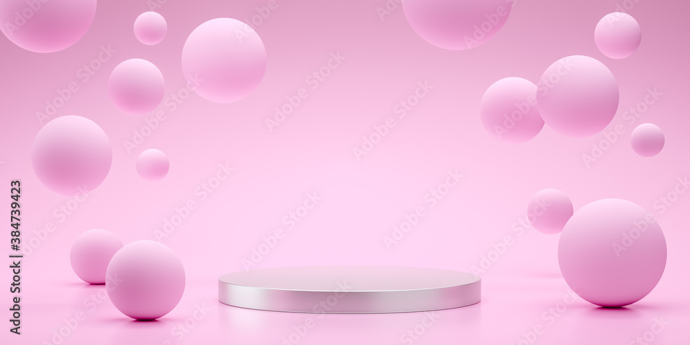 Fototapete floating spheres 3d rendering empty space for product design show pink