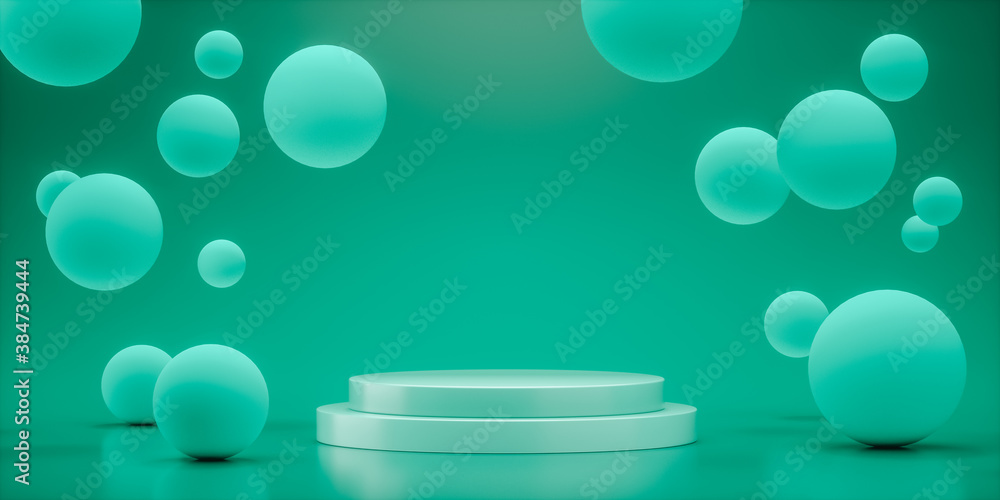Poster floating spheres 3d rendering empty space for product design show aqua color