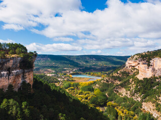 Beautiful Autumm landscape with a lake and limestone mountains in Serranía de Cuenca Natural park, Spain.