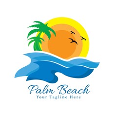 Beach Logo And Palm Tree With Sunsets and Birds