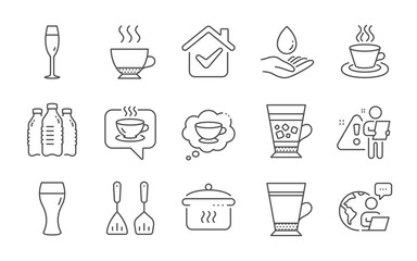 Beer glass, Frappe and Tea cup line icons set. Boiling pan, Water bottles and Cooking cutlery signs. Champagne glass, Espresso and Coffee symbols. Latte, Coffee cup and Water care. Vector