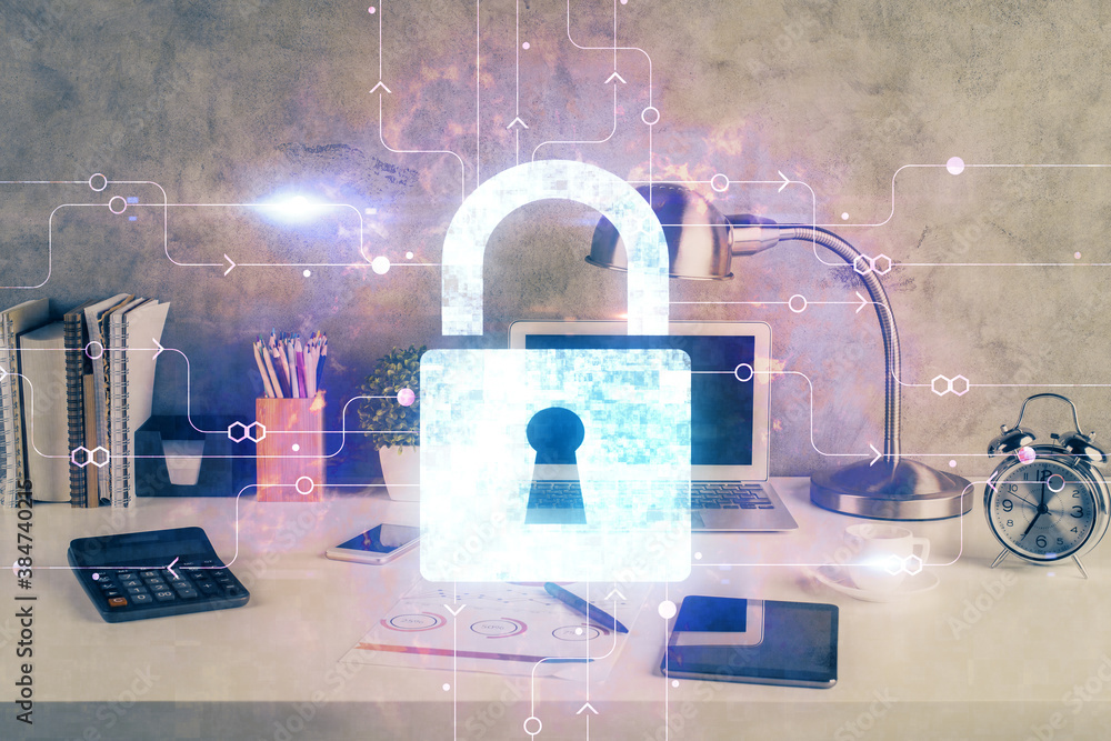 Poster Double exposure of desktop with computer and lock icon hologram. Concept of data safety.