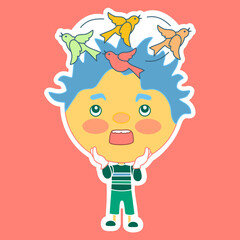 cartoon emoticon with a stunned, discouraged, bumped chibi guy, with birds circling over his head, color simple clip-art, emoji on isolated background