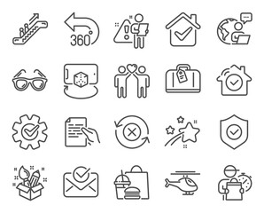 Business icons set. Included icon as 360 degrees, Augmented reality, Hand baggage signs. Reject refresh, Approved mail, Helicopter symbols. Hold document, Sunglasses, House security. Vector