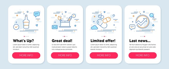 Set of Business icons, such as Creativity concept, Scotch bottle, Capsule pill symbols. Mobile app mockup banners. Audit line icons. Graphic art, Brandy alcohol, Medicine drugs. Arrow graph. Vector