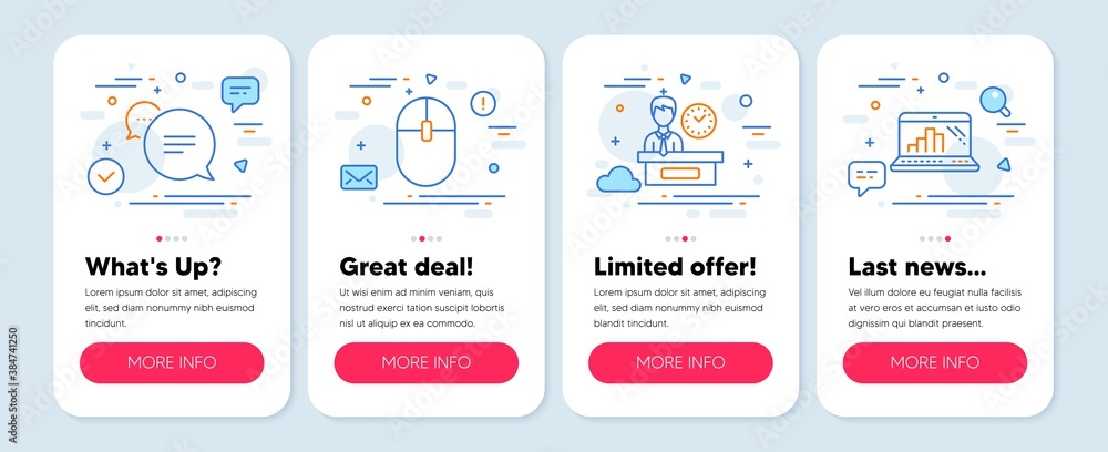 Poster set of line icons, such as presentation time, computer mouse, text message symbols. mobile screen ap