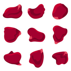 Red roses petals vector cartoon set isolated on a white background.