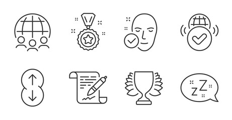 Global business, Health skin and Winner reward line icons set. Sleep, Agreement document and Verified internet signs. Winner, Scroll down symbols. Outsourcing, Clean face, Best award. Vector