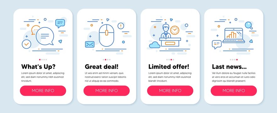 Set of line icons, such as Presentation time, Computer mouse, Text message symbols. Mobile screen app banners. Graph laptop line icons. Report, Pc equipment, Chat bubble. Mobile report. Vector