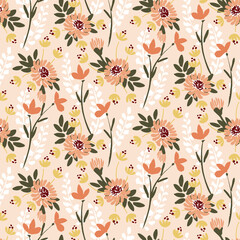Warm autumn bouquet seamless vector pattern. A collection of wild flowers autumn colors. Peach, orange, yellow and green on pink. Great for home décor, fabric, wallpaper, stationery, design projects.