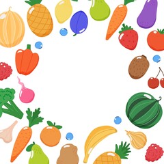 Fruits and vegetables frame with copy space, vector illustration in flat style