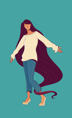 Happy girl dancing and enjoying life on color background. Positive thinking and good mood concept. Flat color illustration. Cartoon cute female character