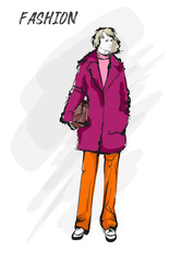 Beautiful young blonde hair woman in autumn coat. Hand drawn fashion girl. Fashion model posing. Sketch. Vector illustration. Fashion woman look. Sketch.
