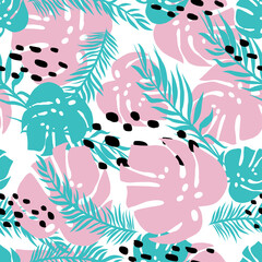 Vector seamless tropical pattern with tropic foliage, monstera leaf, palm leaves. Modern bright summer print design. - 384742408