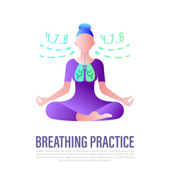 Breathing practice: young girl in lotus pose in flat style. Exhale and inhale. Meditation symbol, inner balance, yoga school. Vector illustration.