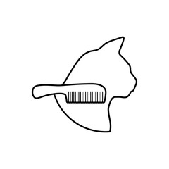 Salón de belleza para mascotas. Logotipo lineal cabeza de gato con cepillo del pelo en color negro