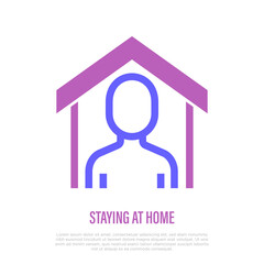 Stay at home. Thin line icon. Man in house. Self quarantine. Vector illustration.