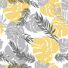 Vector seamless tropical pattern with tropic foliage, monstera leaf, palm leaves. Modern bright summer print design. - 384742462