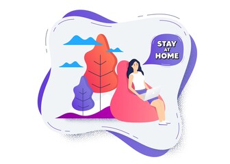 Stay home slogan. Remote online work icon. Woman working at laptop. Coronavirus, COVID 19 quote. Quarantine message. Online work icon. Stay home banner. Vector