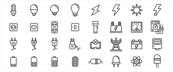 Simple Set of electricity component Related Vector icon graphic design. Contains such Icons as light bulb, electric shock symbol, flashlight, torch, power line tower, plugin and battery