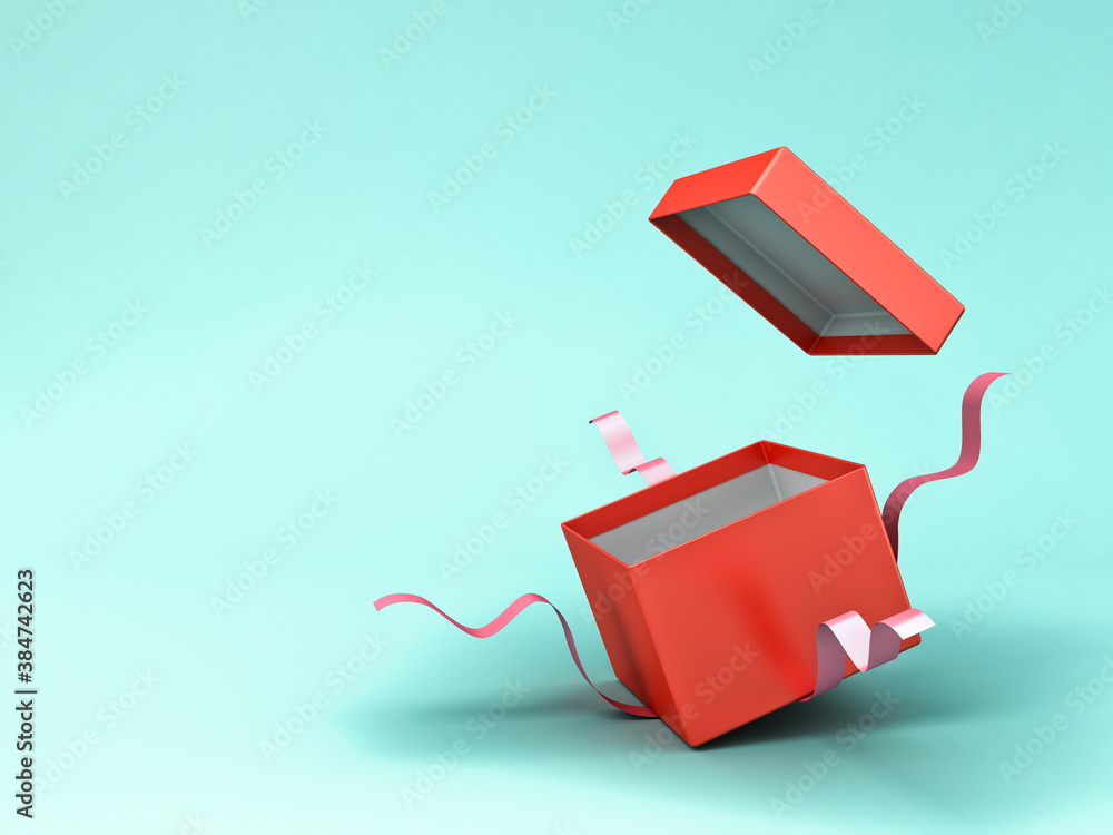 Poster red gift box open or present box with pink ribbons isolated on light green blue pastel color backgro