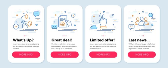 Set of People icons, such as Victory hand, Sick man, Technical documentation symbols. Mobile screen app banners. Group line icons. Gesture palm, Epidemic protection, Engineering. Vector